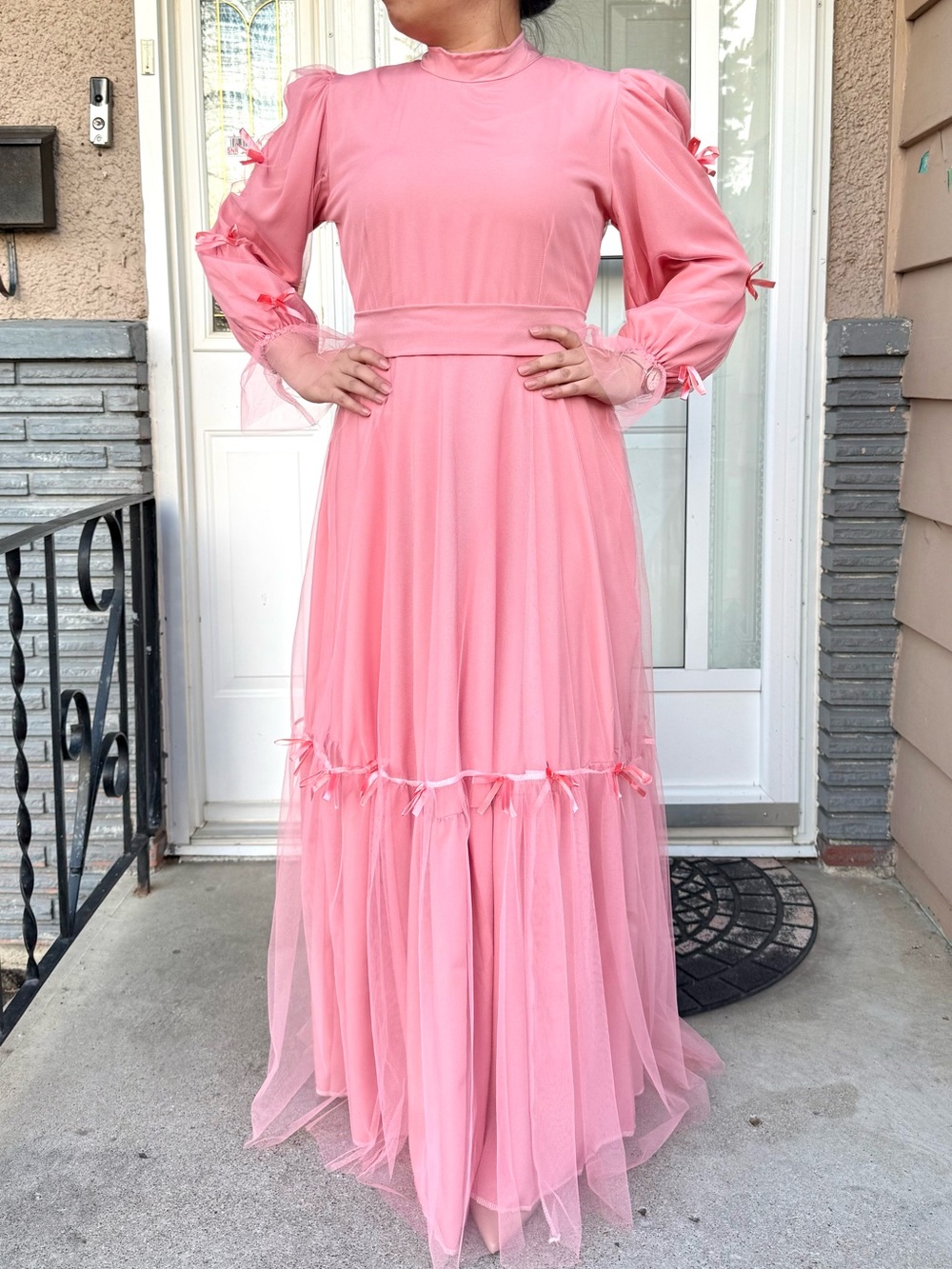 NWOT Elegant Tulle Pink Long-Sleeve Maxi Dress Size M
